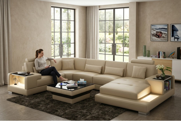 Living area upholstered corner sectional sofa with USB suite landscape leather Wetzlar