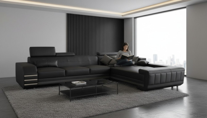Corner Leather Sofa + USB Upholstered Seat Set Living Landscape Design XXL L Shape Corner