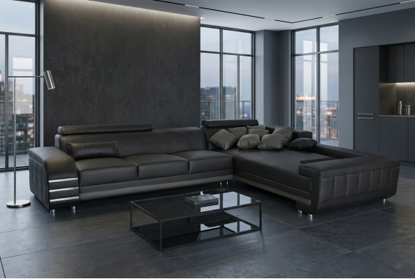 Corner Leather Sofa + USB Upholstered Seat Set Living Landscape Design XXL L Shape Corner