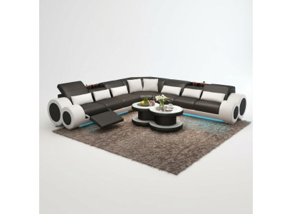 Designer sofa landscape with USB, large cushion leather sofas corner seat, black