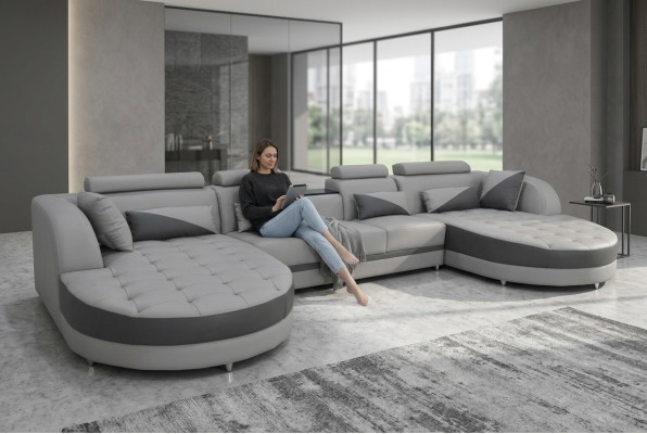Living area with bed function, grey corner sofa, U-shape couch design, upholstery, USB, new