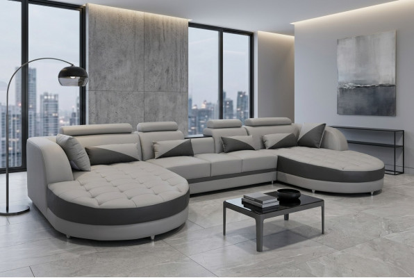 Living area with bed function, grey corner sofa, U-shape couch design, upholstery, USB, new