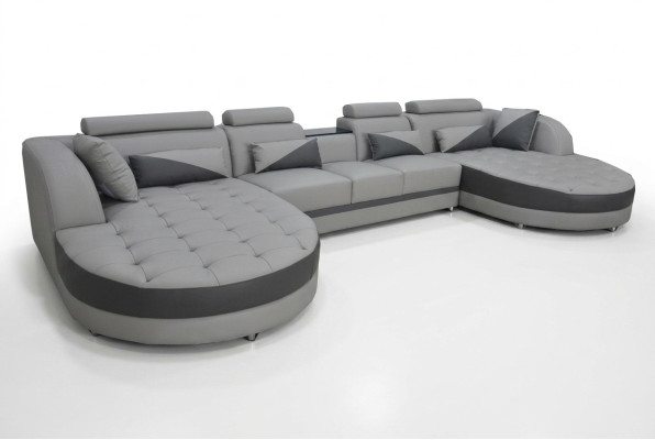 Living area with bed function, grey corner sofa, U-shape couch design, upholstery, USB, new