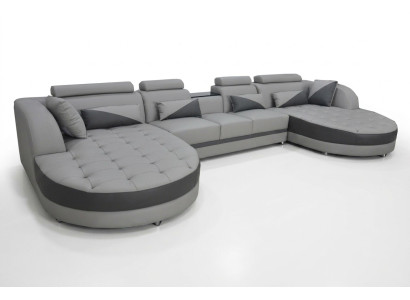 Living area with bed function, grey corner sofa, U-shape couch design, upholstery, USB, new