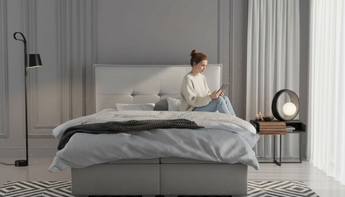 Box spring bed hotel double textile gray luxury beds upholstered storage bed function