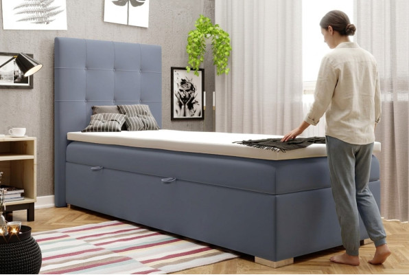 Luxury box spring bed, hotel beds upholstered functional bed frame 90x200cm blue new