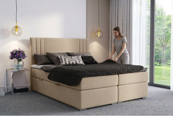 Box spring bed hotel double beige textile luxury beds padding box function
