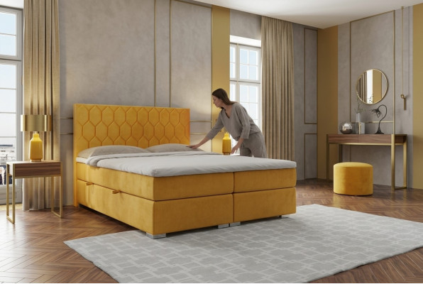 Box spring bed hotel double luxury beds upholstery function storage box yellow velvet