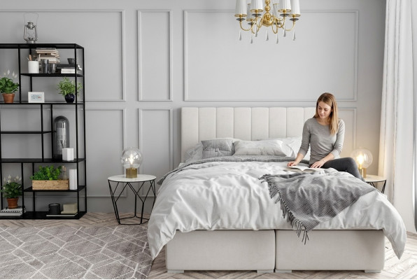 Box spring bed hotel double luxury beds upholstered bed box function beige new