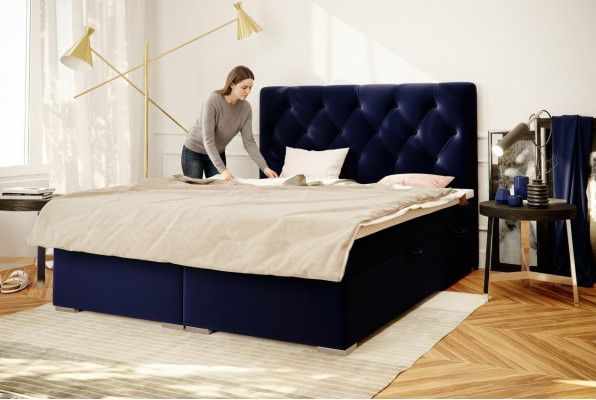 Box spring bed hotel double blue textile luxury beds upholstered bed frame function.