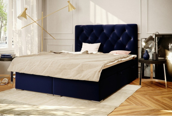 Box spring bed hotel double blue textile luxury beds upholstered bed frame function.