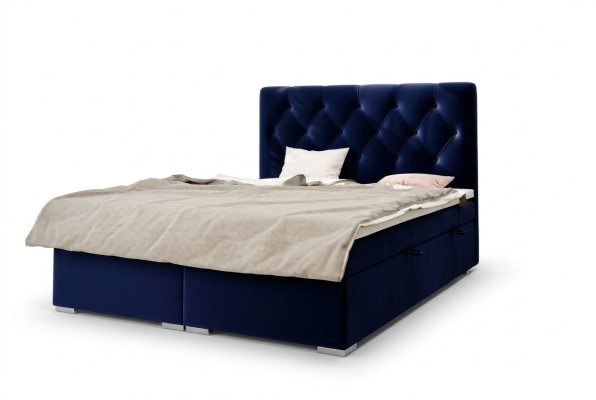 Box spring bed hotel double blue textile luxury beds upholstered bed frame function.