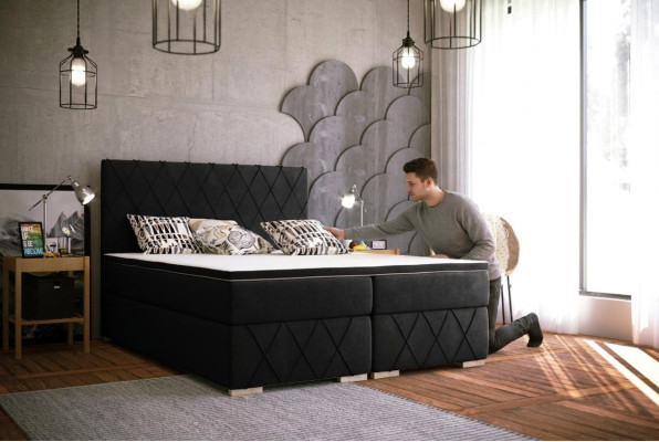 Complete Set Mattress & Topper Box Spring Bed Black Upholstered 180x200cm Beds