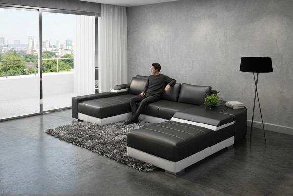 Corner sofa with USB upholstery leather set living landscape lounger Bellenberg