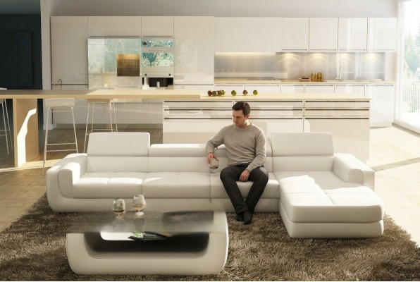 Corner sofa, leather sofa, USB living landscape, L-shaped sofa, upholstered seat corner, Tettau white