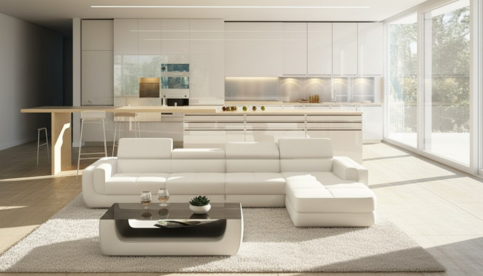Corner sofa, leather sofa, USB living landscape, L-shaped sofa, upholstered seat corner, Tettau white