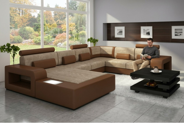 Living landscape sofa with USB, fabric textile leather sofa set with lighting