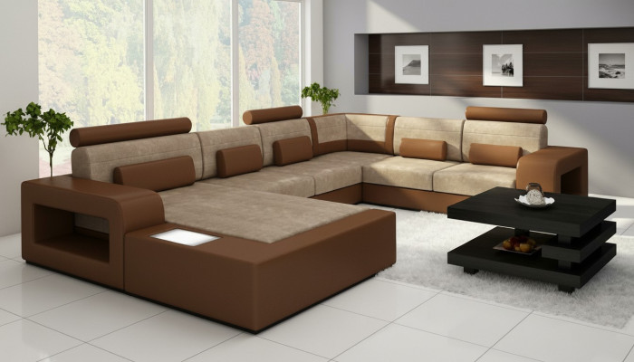 Living landscape sofa with USB, fabric textile leather sofa set with lighting