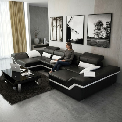 XXL Leather Sofa with USB Corner Sofa Living Landscape Big Couch Leather Suite Upholstery New