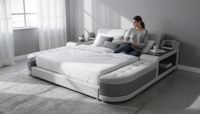 Luxury Design Bed + USB Upholstery Hotel Modern Beds Leather 140/160/180/200