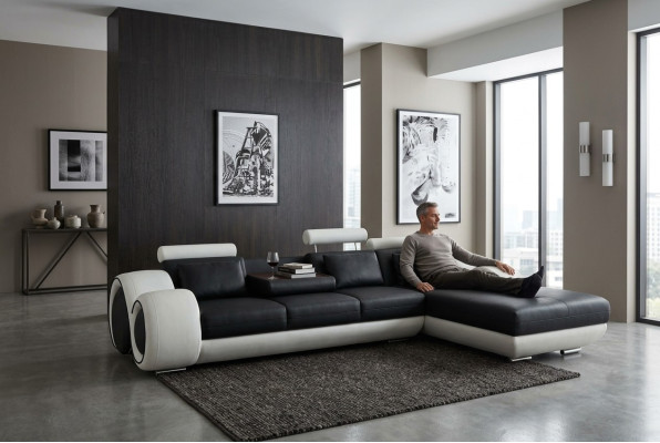 Patented Design Corner Sofa Sofa +USB, Upholstered Leather Corner Living Landscape BERLIN