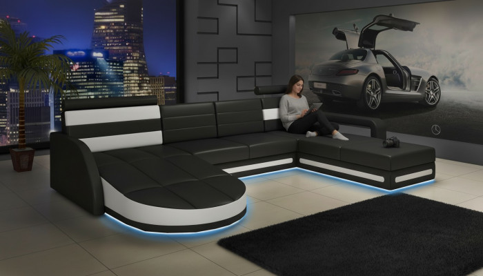 XXL LIVING AREA COUCH SUITE DESIGN CORNER COUCH Black LEATHER SOFA with USB New