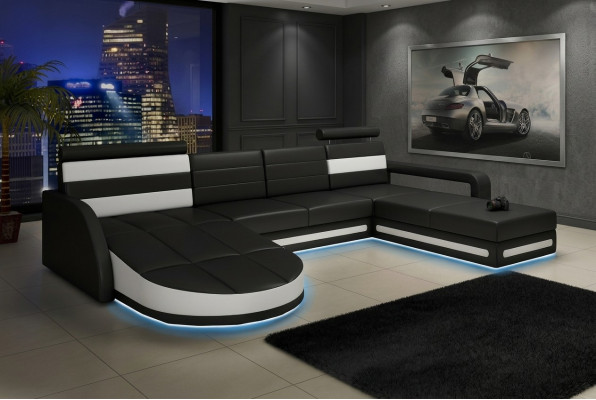 XXL LIVING AREA COUCH SUITE DESIGN CORNER COUCH Black LEATHER SOFA with USB New