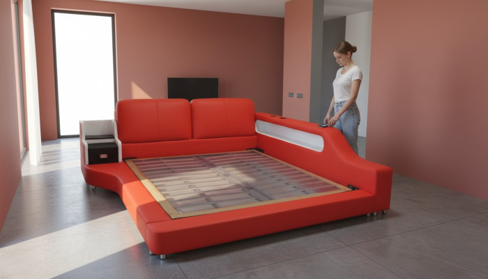 Double luxury design leather bed with USB hotel multifunction