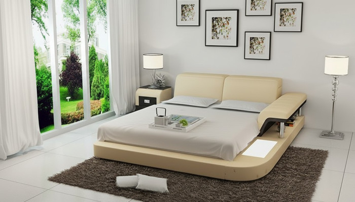 Design Bed XXL Big Leather Hotel Upholstered 180x200 Multifunction Shelf USB