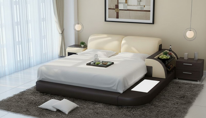 Design Bed XXL Big Beds Leather Hotel Upholstered 180x200 Multifunction Shelf USB