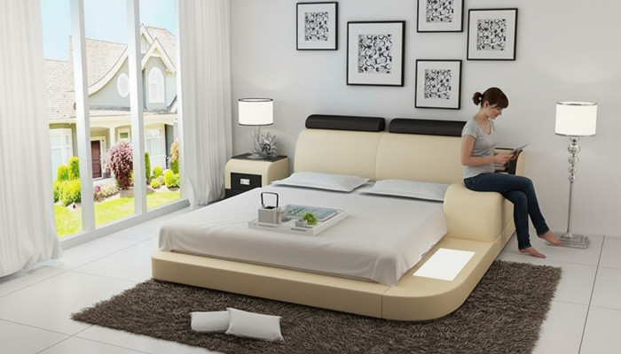 Design Bed XXL Big Beds Leather Hotel Upholstery 160x200cm Multifunction Shelf USB