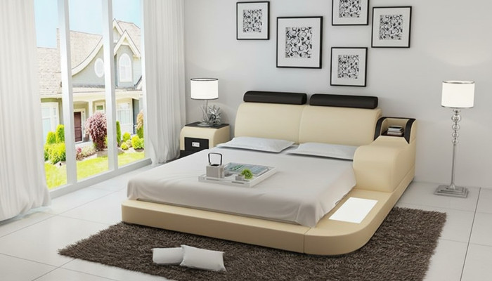 Design Bed XXL Big Beds Leather Hotel Upholstery 160x200cm Multifunction Shelf USB
