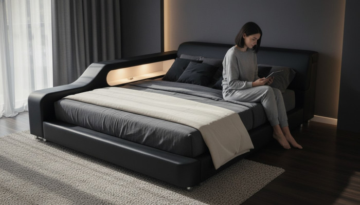 Design Bed XXL Big Beds Leather Upholstered Hotel 200x200cm Multifunction Shelf USB