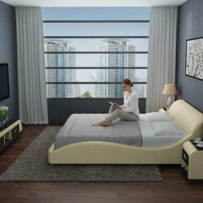 Design upholstered double bed modern beds bedroom with USB & shelf 200x210 cm