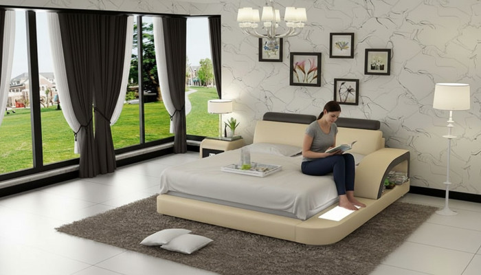 Design upholstered double bed modern beds bedroom with USB & shelf 160x200cm