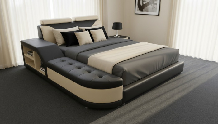 Design Multifunction Bed XXL Big Beds Leather Hotel Upholstery 180x200 Shelf USB