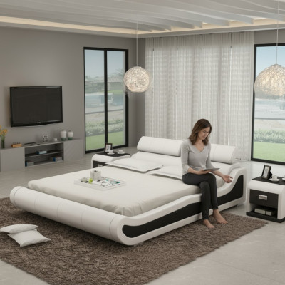 Luxury leather bed with USB upholstered double modern marital bed 140/160/180 cm