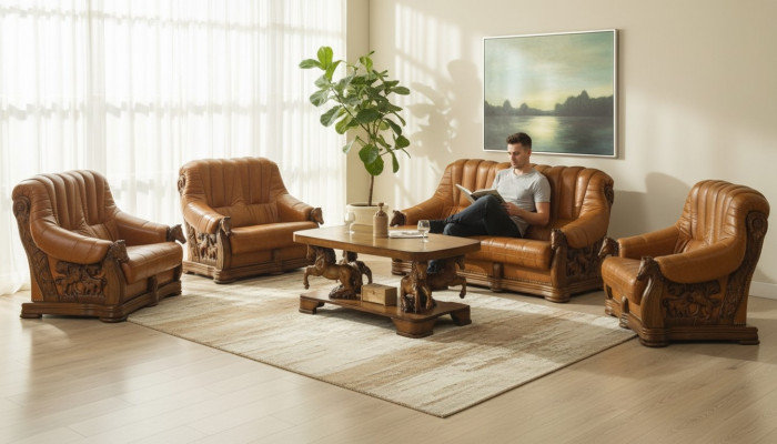 Living room sofa set couch seating sofa leather wood 3+2 suite set new