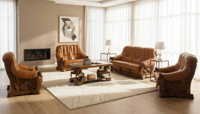 Living room sofa set couch seating sofa leather wood 3+2 suite set new
