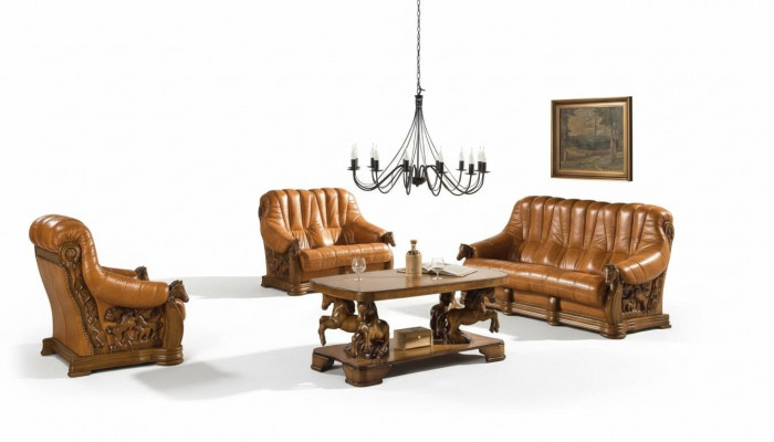 Living room sofa set couch seating sofa leather wood 3+2 suite set new