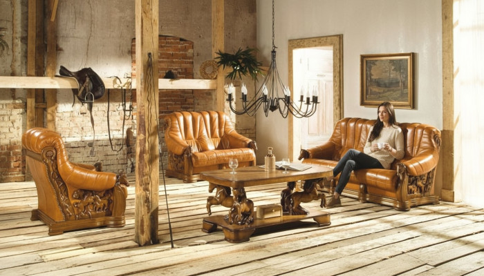 Classic three-seater couch upholstered sofa 100% genuine leather wood (without 2+1) new