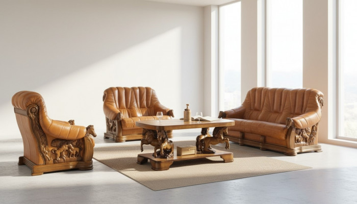 Classic three-seater couch upholstered sofa 100% genuine leather wood (without 2+1) new