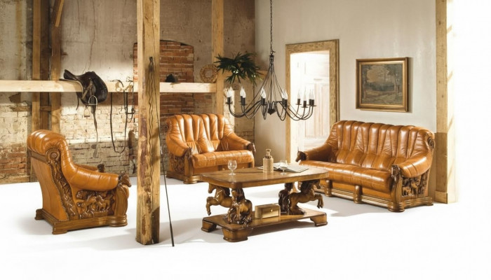 Classic three-seater couch upholstered sofa 100% genuine leather wood (without 2+1) new