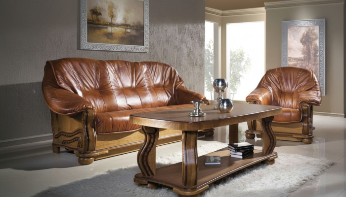 Classic sofa set upholstery 3+2 seater set leather wooden frame