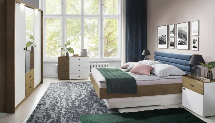 Design bedroom 5-piece set bed bedside tables dresser wardrobe