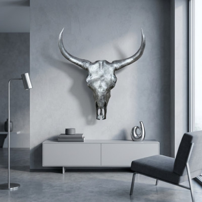 Silver Bull Skull Wall Sculptures Height 60 cm Decorative Figurine Wall