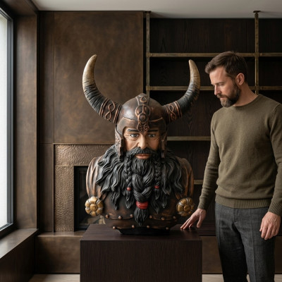 Bust of a Warrior in a Helmet 70cm Horns Statue Viking Statues Figures