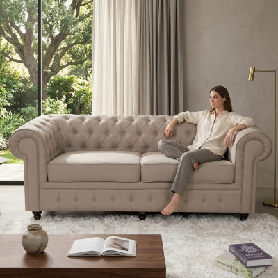 jvmoebel ® - Textile Sofa Couch - Beige Upholstery Three-Seater Couch Suite Three-Seater