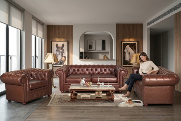 Classic brown Chesterfield leather couch cushion set 3-seater