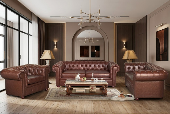 Classic brown Chesterfield leather couch cushion set 3-seater